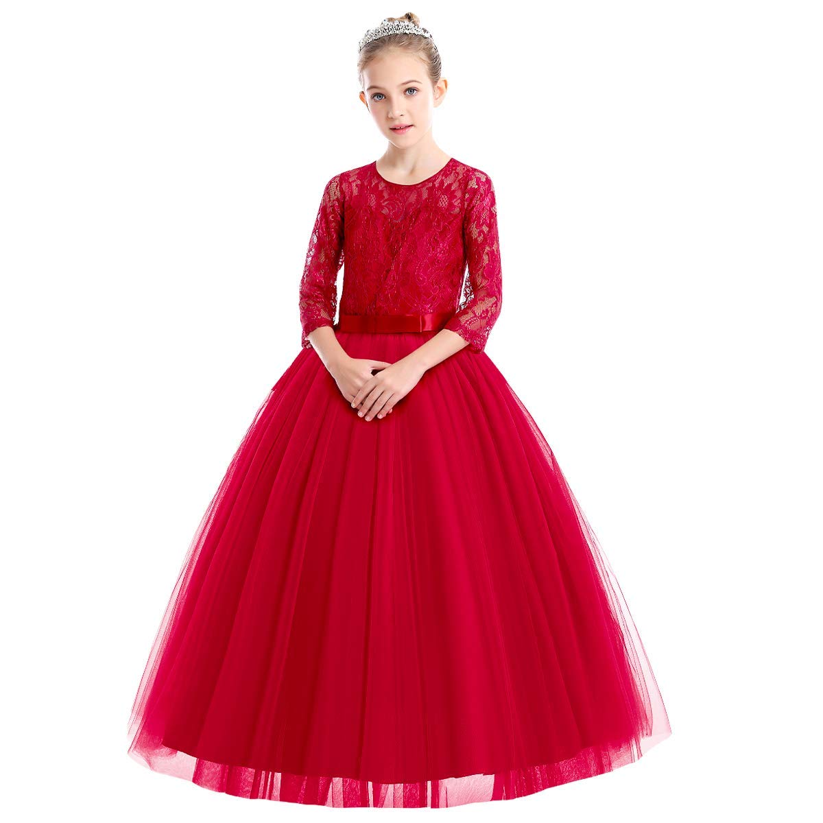 IWEMEK Flower Girls 3/4 Sleeve Floral Lace Tulle First Communion Pageant Dresses Kids Big Girls Princess Birthday Carnival Christmas Bridesmaid Wedding Party Prom Ball Gown 2-14 Years — view 29