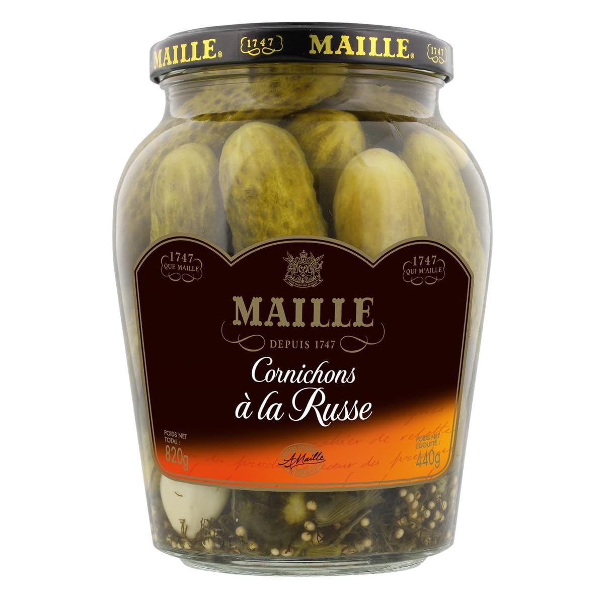 MAILLE Cornichons à la Russe - Pot en verre de 440g - Condiment slave aux notes acidulées, aneth et ail - Accompagne terrines et fromages - Lot de 3