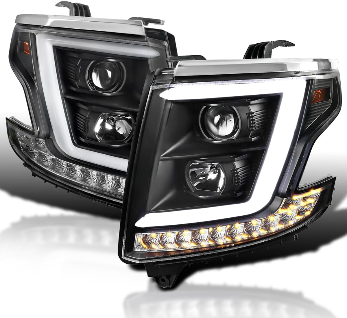 SPEC-D TUNING Black LED Light Bar Projector Headlights Lamps Compatible with 2015-2020 Chevy Tahoe, Suburban, Left + Right Pair Headlamps Assembly