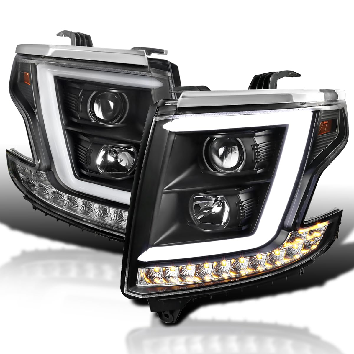 SPEC-D TUNING Black LED Light Bar Projector Headlights Lamps Compatible with 2015-2020 Chevy Tahoe, Suburban, Left + Right Pair Headlamps Assembly