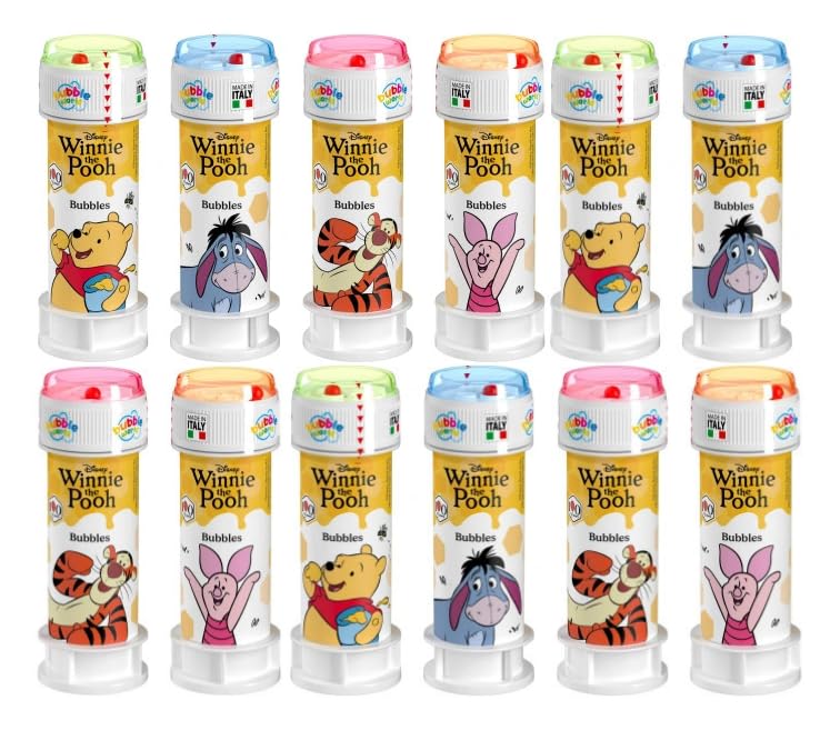 Anila's Winnie Bubble Tubs with Wands, 60ml Solution & Maze Lid, Set of 12, Party Bag Fillers & Favours, Ages 3+