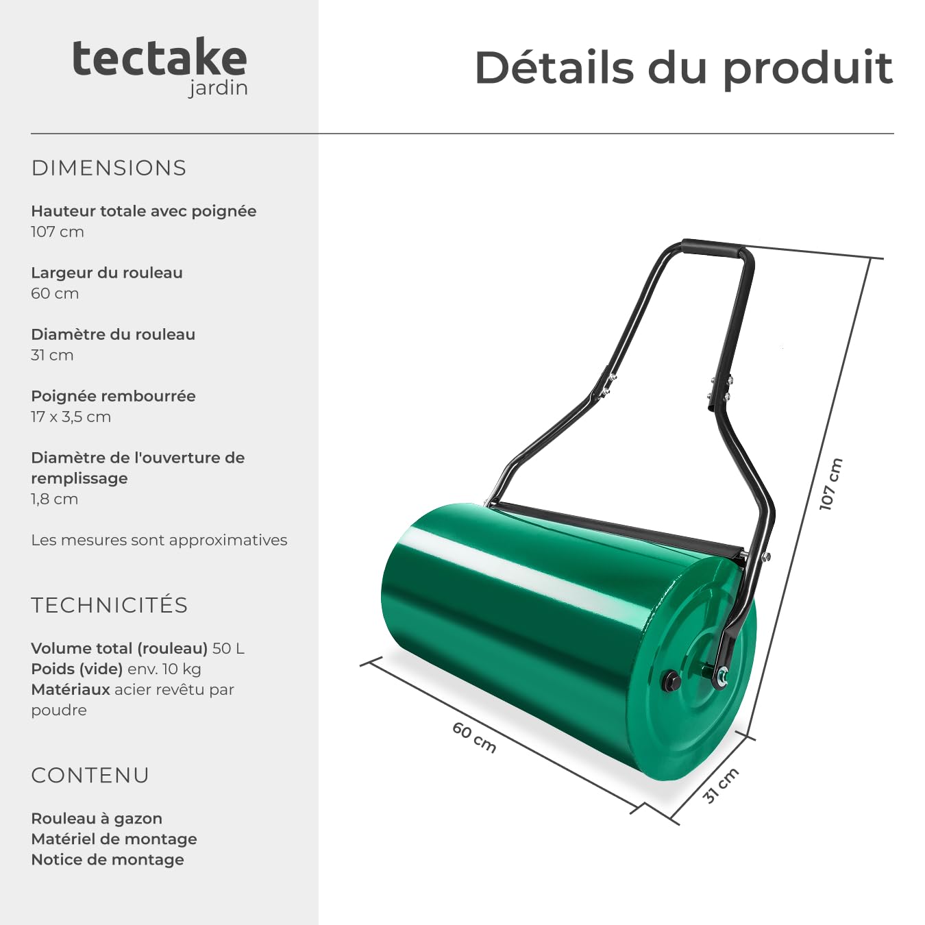 tectake® Rouleau à Gazon Rouleau de Jardin, Tambour 60 cm Équipé d'un racleur Lestage Eau ou Sable, Entretien Pelouse, pour Semis et Graines, Outil de Jardinage, Jardin, Aide la Pousse du Gazon