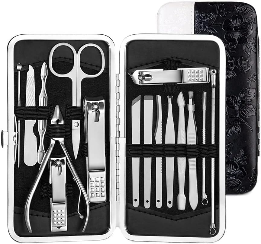 Professional Manicure & Pedicure Nail Clippers Kit, 16 in 1 Stainless Steel Nail Grooming Kit with Acne needle, Blackhead Tool, Scissors, Peeling & Nail Cleaning Knife With Leather Travel Case