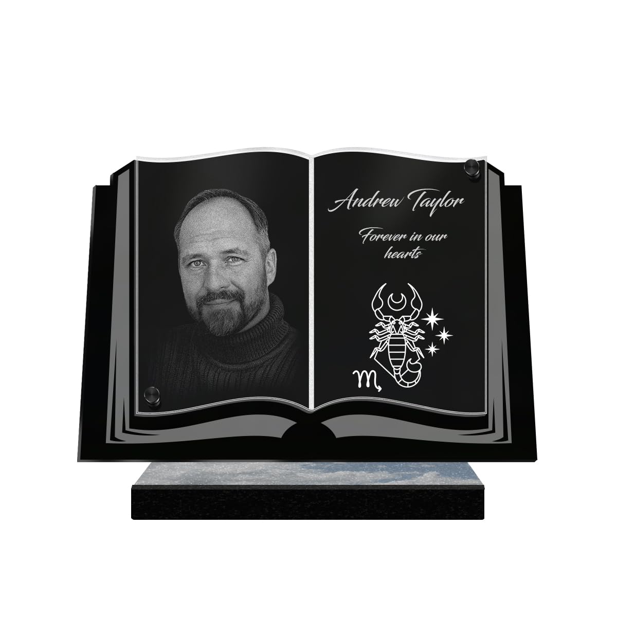 ETERNEL - Personalized Funeral Plaque Book Astro Scorpio Photo and Customizable Text, laser-engraved funeral plaque for tribute, tombstone, cemetery, funeral, mourning
