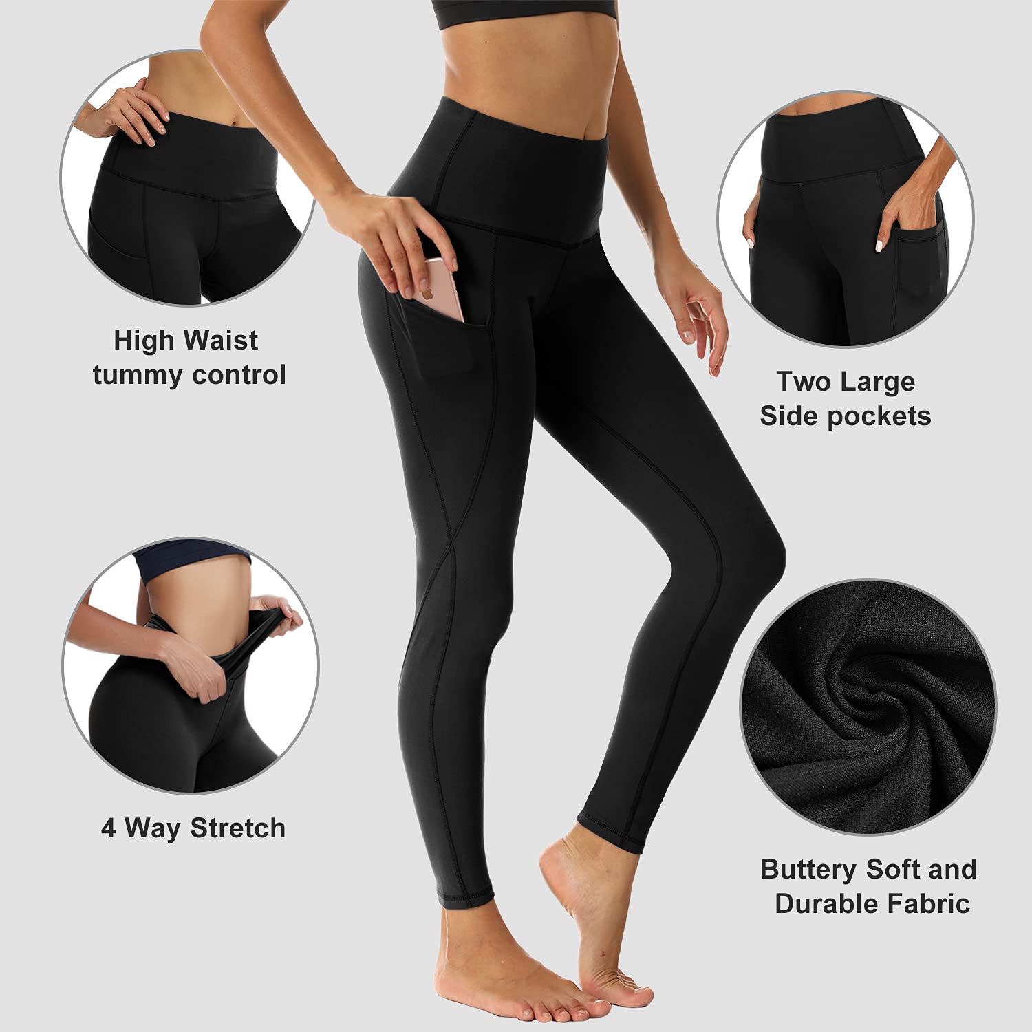 HIGHDAYS Legginsy dla kobiet – legginsy treningowe z wysokim stanem, kontrola brzucha, nieprzejrzyste, wąskie, miękkie spodnie do jazdy na rowerze, jogi, biegania, Czarny/Mix Czarny, XXL