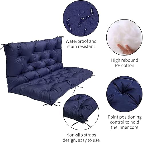 Miniatura 3 de Cojines de columpio de repuesto impermeables de 3 plazas con respaldo y 8 lazos gruesos de 4 pulgadas, cojín de banco de repuesto para muebles de