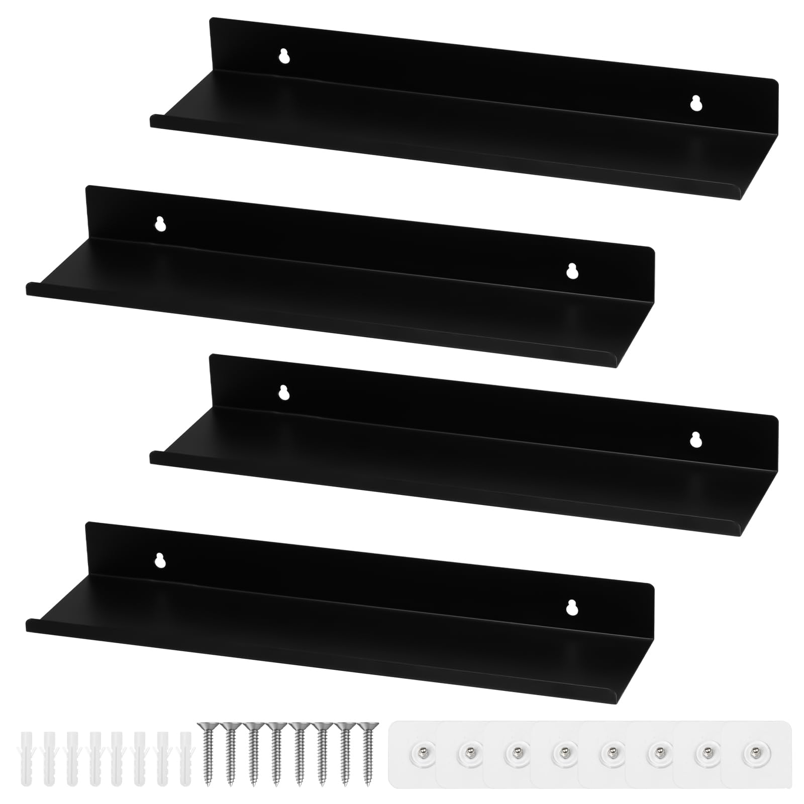 4 Stück Wandregal Schwarz Metall, Schweberegal, 40 x 10 x 4 cm | mit Schrauben und Haken, Küchenregal Wand Schwarz, Metallregal Schwebende, für Wohnzimmer, Küche, Bad, Schlafzimmer, Büro