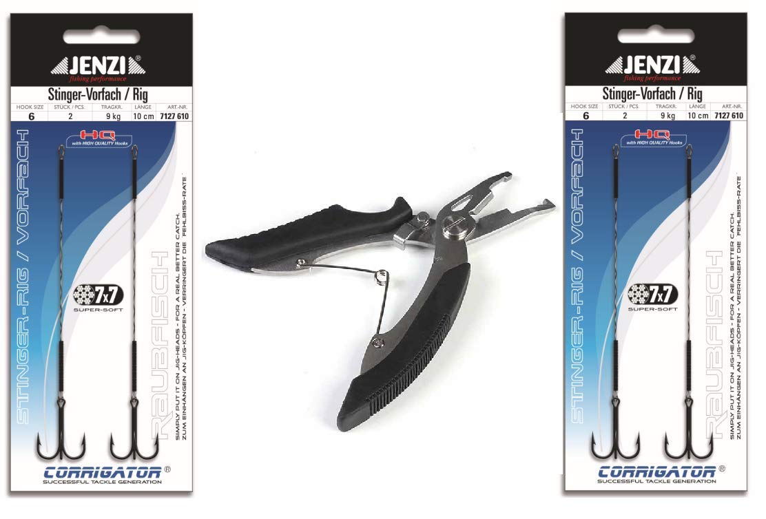 Set: 2 Packs (4 Pieces) Jenzi Stinger Rig 7x7 Hook Size 6.9 kg, 10 cm + Fishing Scissors, standard size
