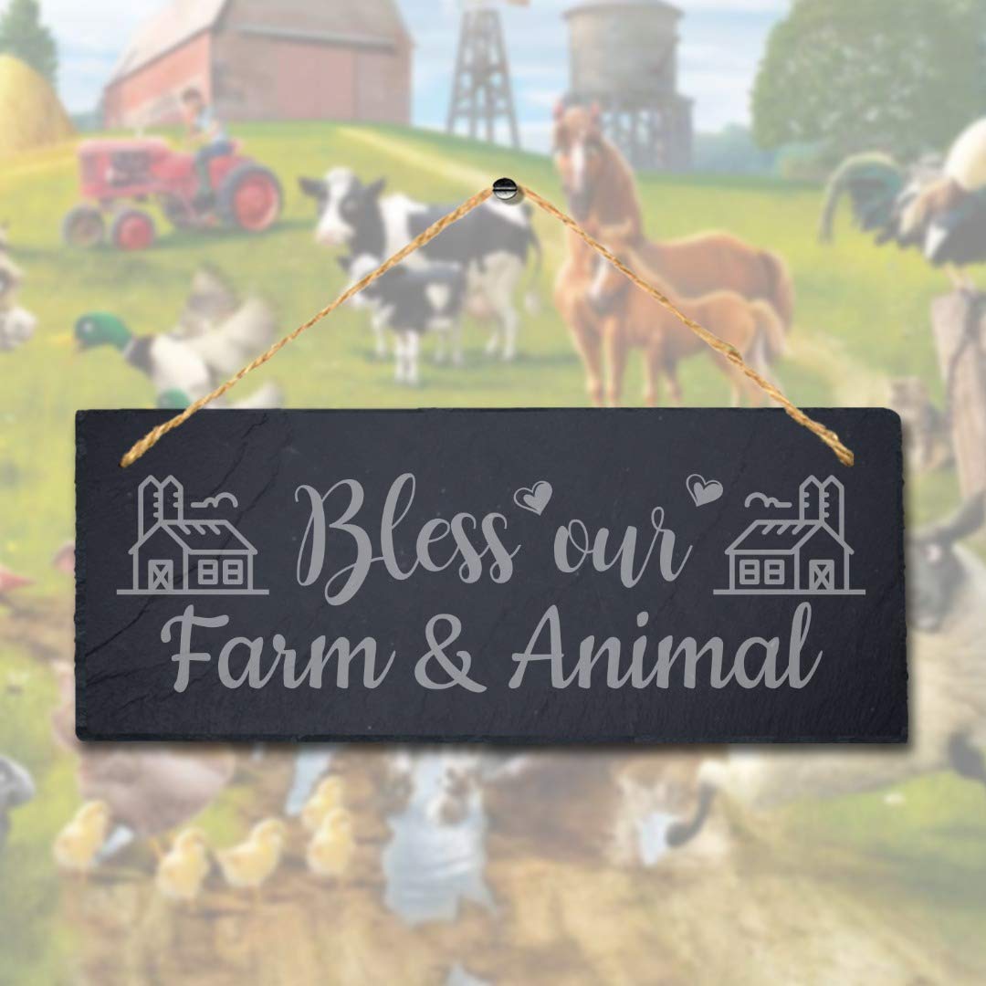 Stukk Laser Hanging Farmhouse Allotment Sign (Bless Our Farm and Animals), Natural Engraved Slate Stone Plaque, 30x12cm (Large) - Image 2