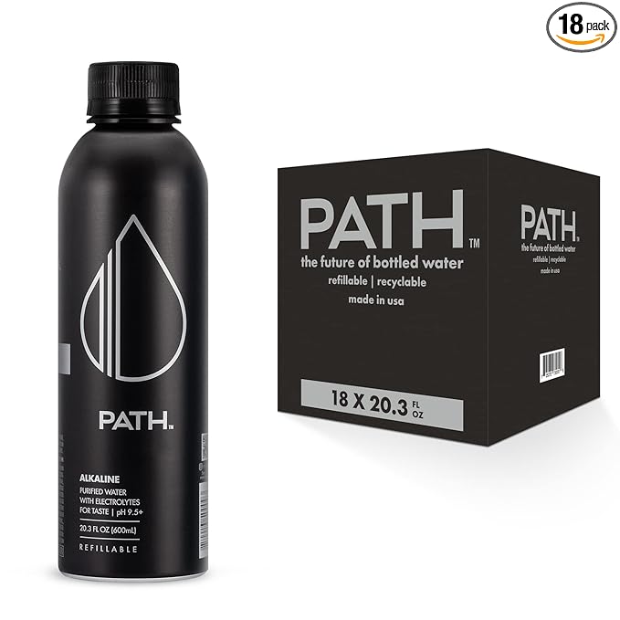 PATH Alkaline Bottled Water - 9.5 pH-Balanced Purified Water with Electrolytes in Aluminum Bottle - BPA-Free, Reusable, Infinitely Recyclable - Pure, Crisp, Refreshing Taste - 20.3 Fl Oz (Pack of 18)