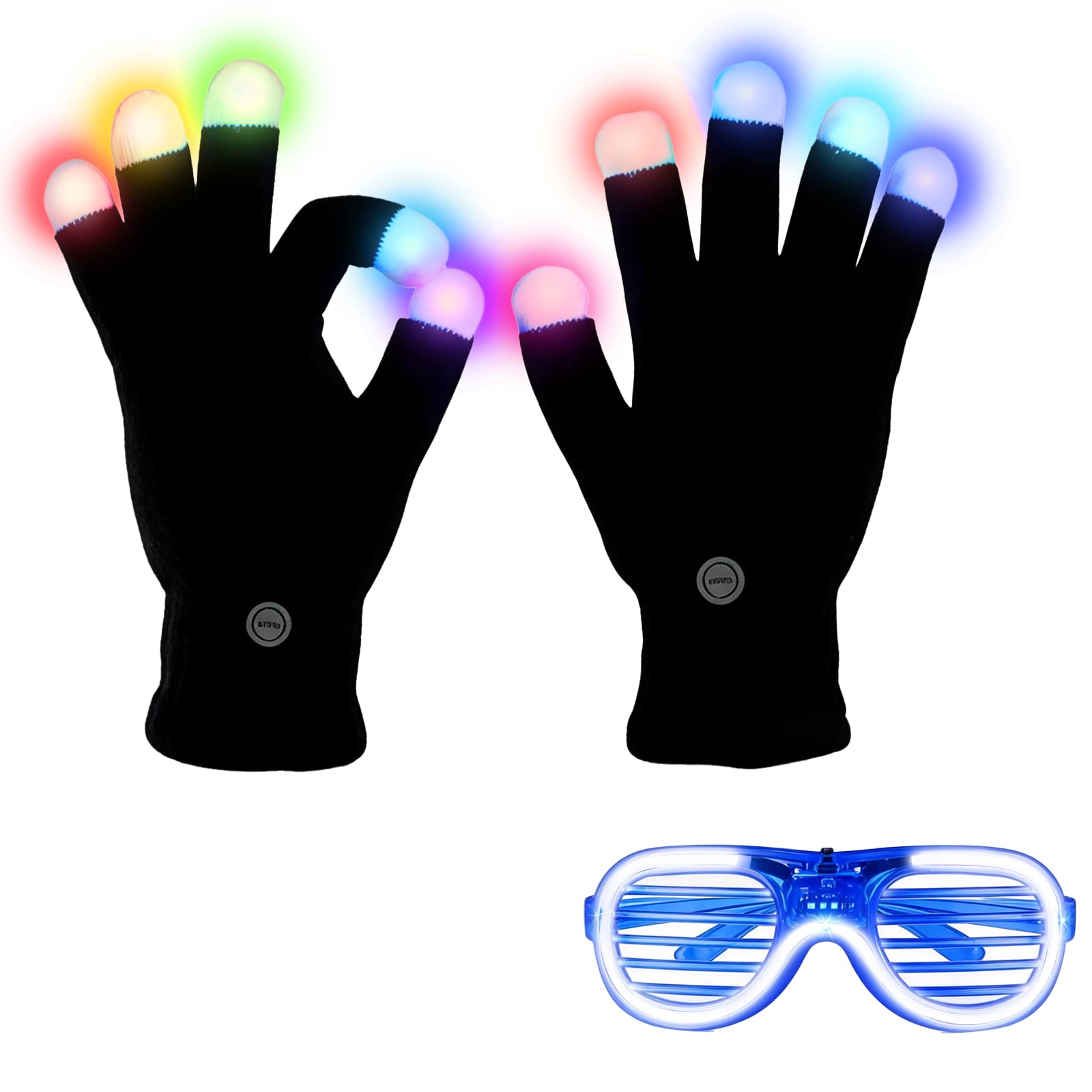 Wsndyjia 2PCS Light Up LED Gloves, Lights for Rave Parties Fingers Gloves with Glowing Party Glasses for Adult Festivals, Concerts and Parties