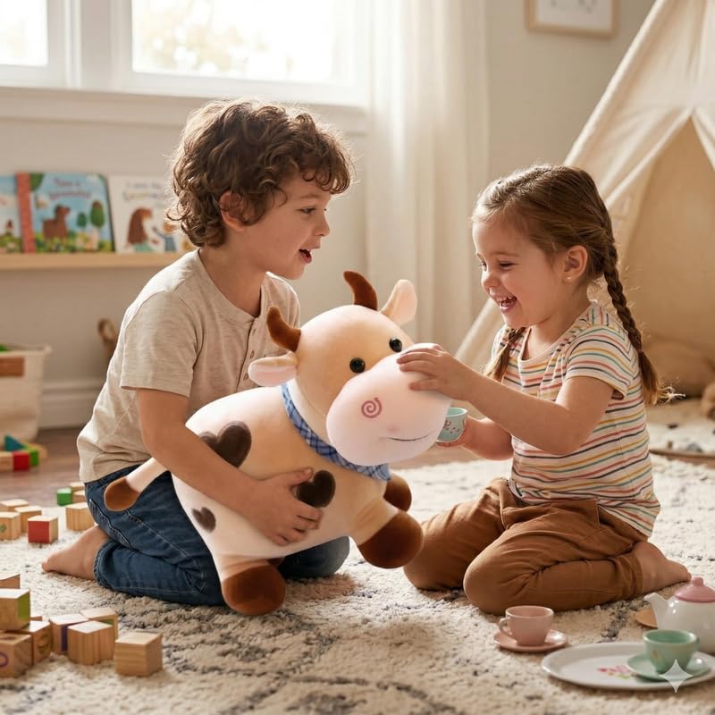 Image of HUG 'n' FEEL SOFT TOYS Brown Cow Soft Toy Plush Stuffed Animal - Lightweight Cute Huggable Cow Doll for Kids, Babies & Girls | Birthday Gift & Room Decor