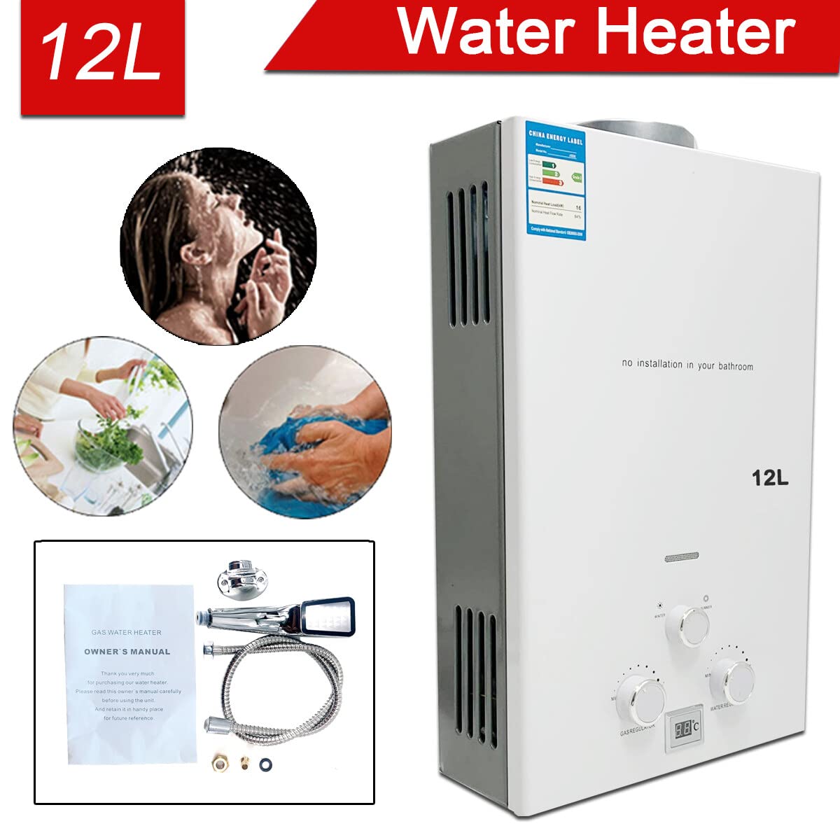 Scaldabagno a Gas GPL 12L 24KW, Portatile Istantaneo Scaldabagno Butano Propano, Doccia allaperto Bagno, Adatto Casa Campeggio Esterno RV, con certificazione CE, Tubo Doccia