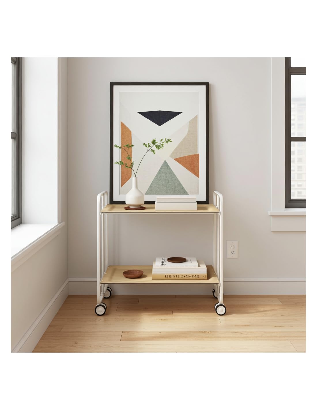 Mesa plegable con ruedas, chasis blanco, madera, Haya, talla única