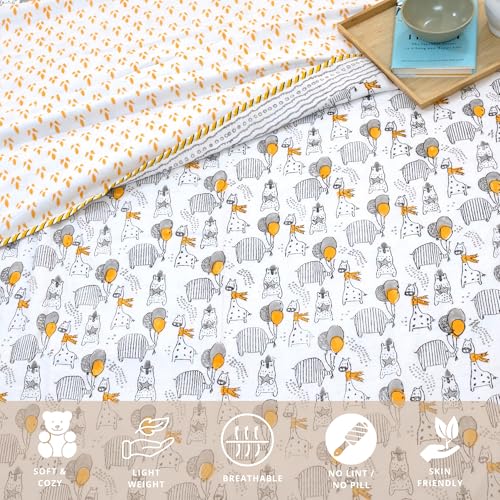 Image of TOAIArt Premium Jaipuri Dohar | AC Blanket Summer Quilt | Hand Block Printed | 3 Layers | Reversible | 150GSM 100% Mulmul Cotton | 100% Cotton Flannel Filling | Queen 90 inch X 108 inch |Grey Yellow Cartoon