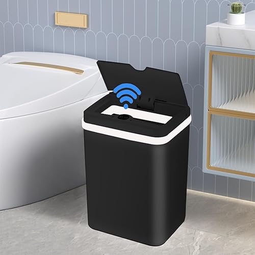 Bote de basura sin contacto de 3.4 galones con tapa, negro, plástico