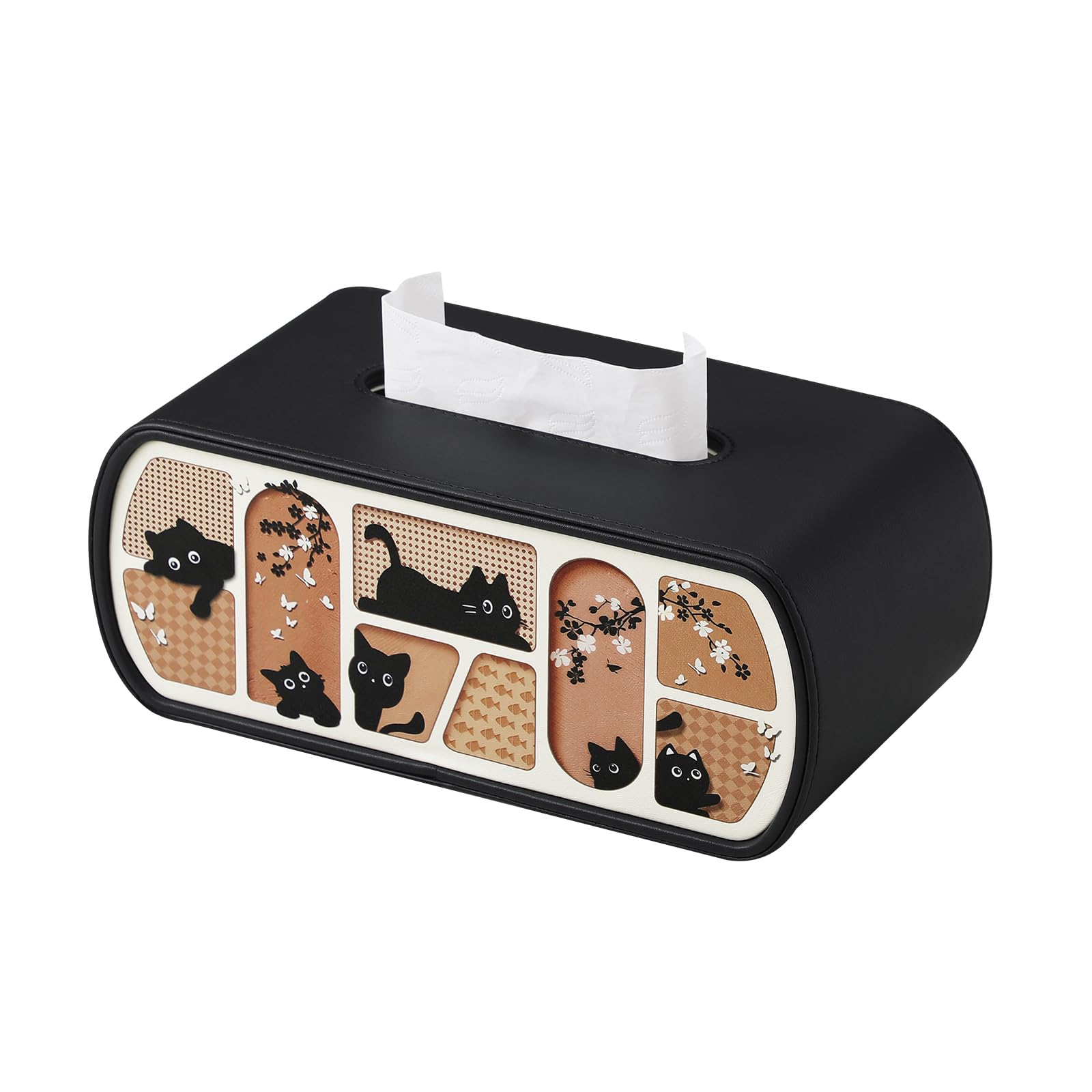 Cat-Themed Tissue Box Cover Rectangle, Stylish Tissue Holder for up to 4 Inches High Boxes, Curved Edge Tissue Box Holder (Black)