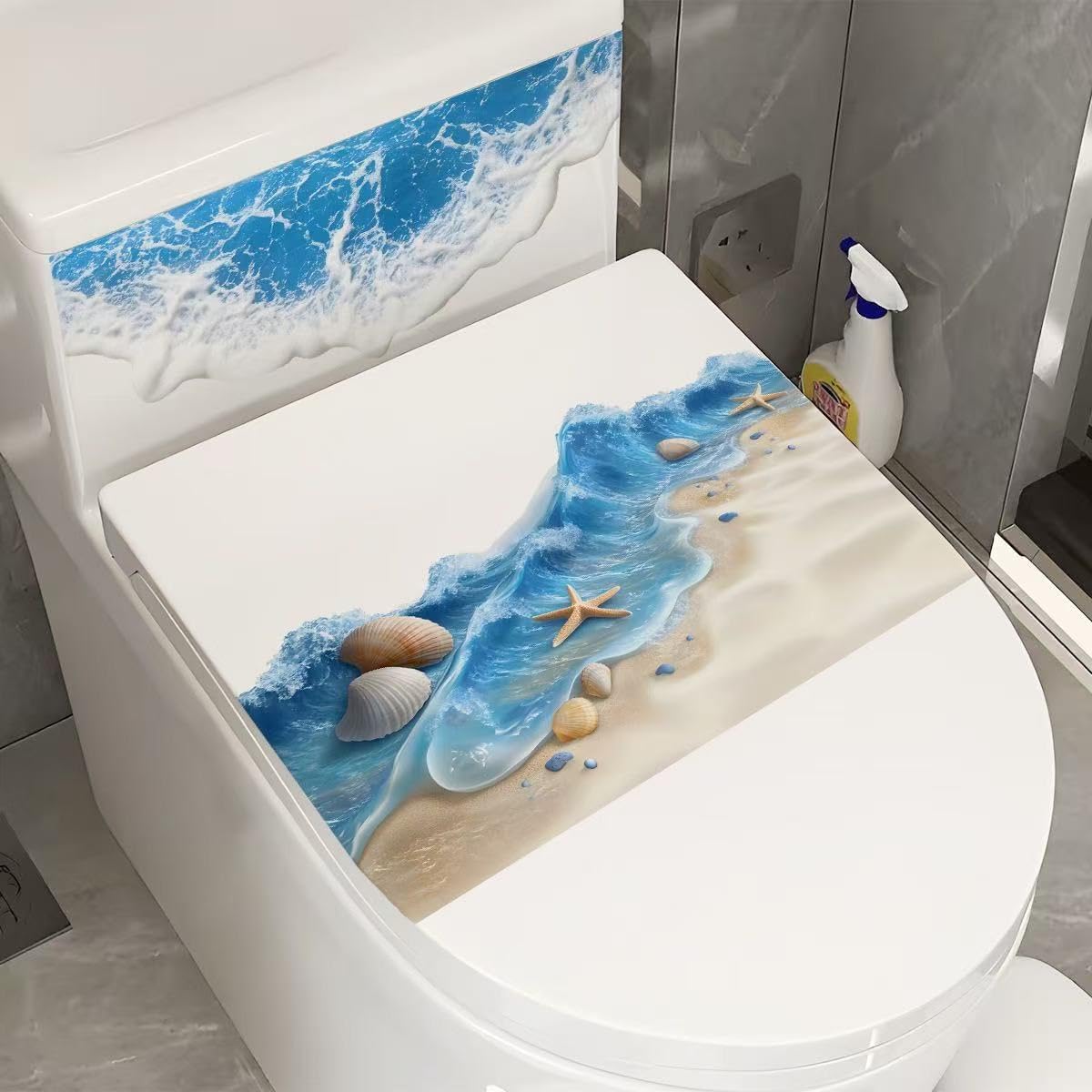 2 PCS Beach Seashell Toilet Seat Decal Stickers, Self-Adhesive Bathroom Wall Decor, Coastal Theme Vinyl Stickers for Bathroom & Toilet Cover Up