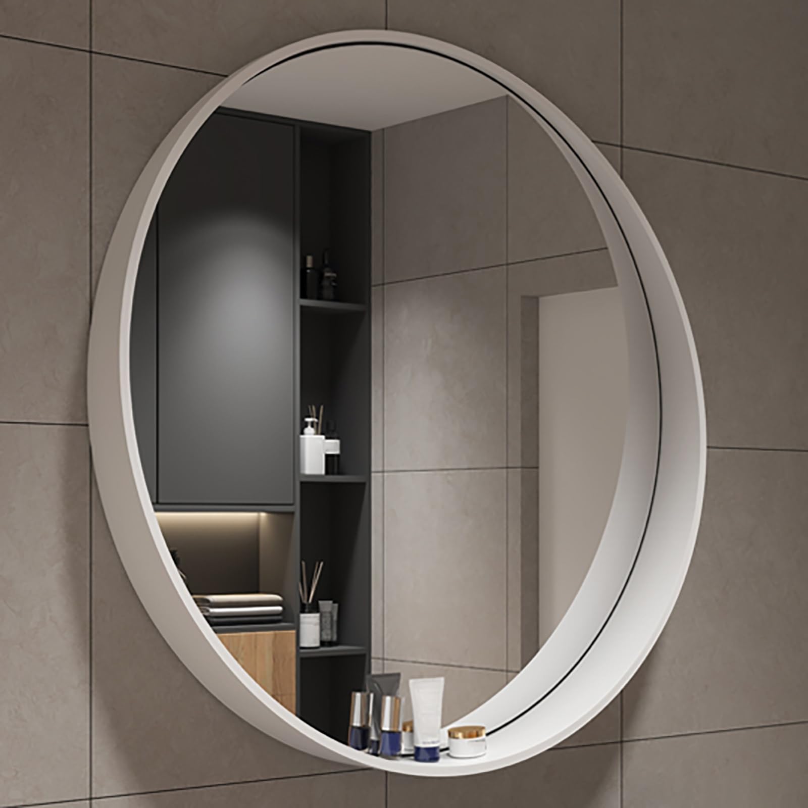 SXFSDOU Vintage Round Bathroom Mirror with Solid Wood Frame, HD Explosion-Proof, Wall-Mounted Makeup & Decorative Mirror, 50cm/19.7in, 7cm Shelf for Living Room/Bedroom/Entrance (White)