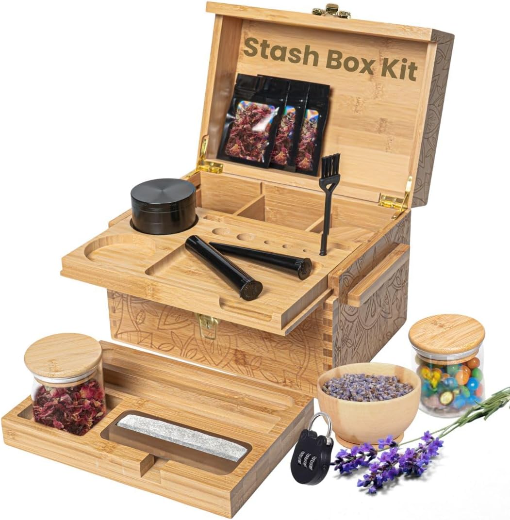 Stash Box Bamboo Storage Box with Combination Lock – Wooden Organizer Box with Removable Tray, Glass Jars & Accessories, Decorative Lockable Bamboo Box with Lid,Home Kitchen Pantry Stashbox Wood Chest