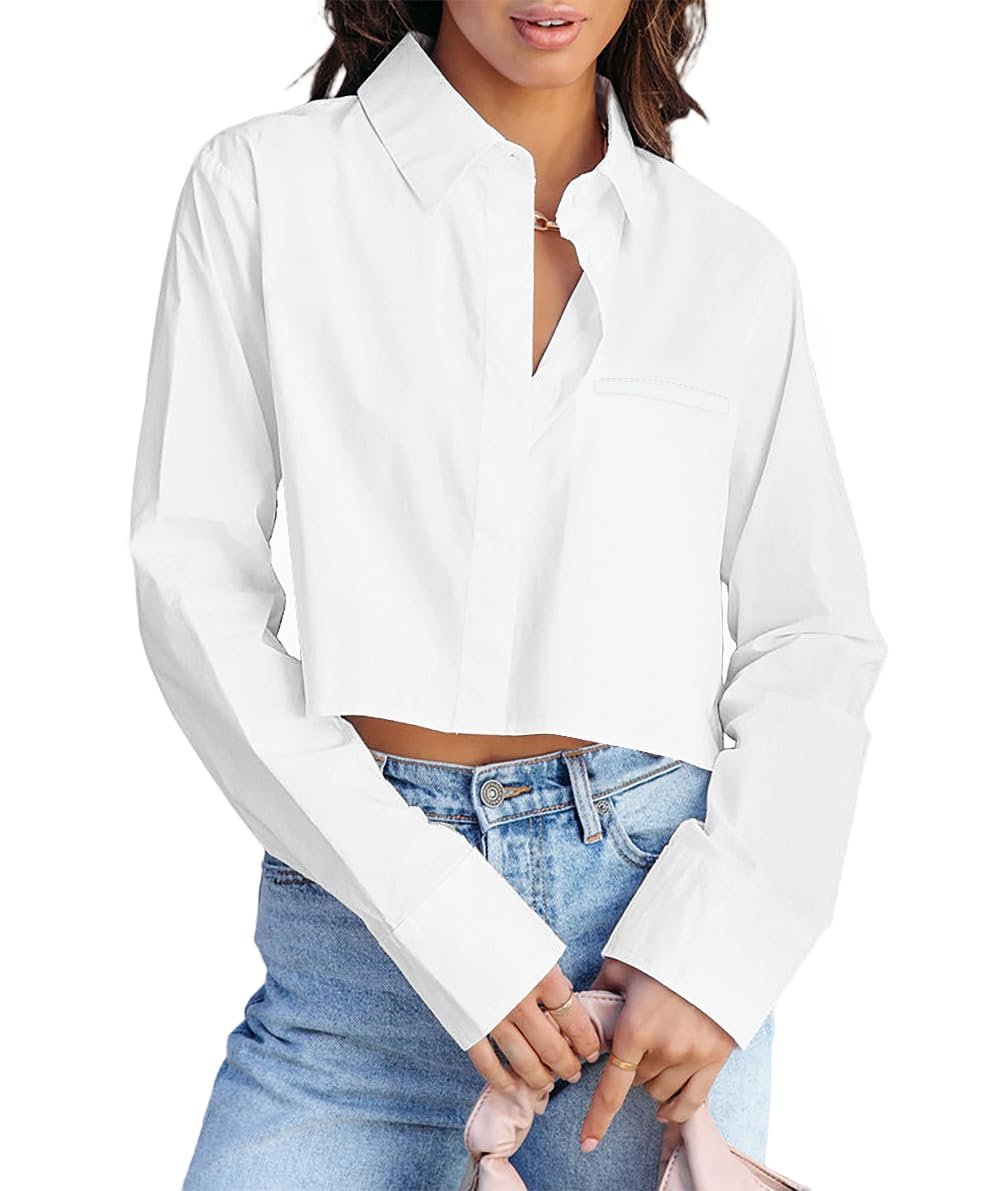 LACOZY Womens Button Down Shirt Long Sleeve Cropped Shirts Work Blouse Office Dressy Shirt Casual Crop Tops
