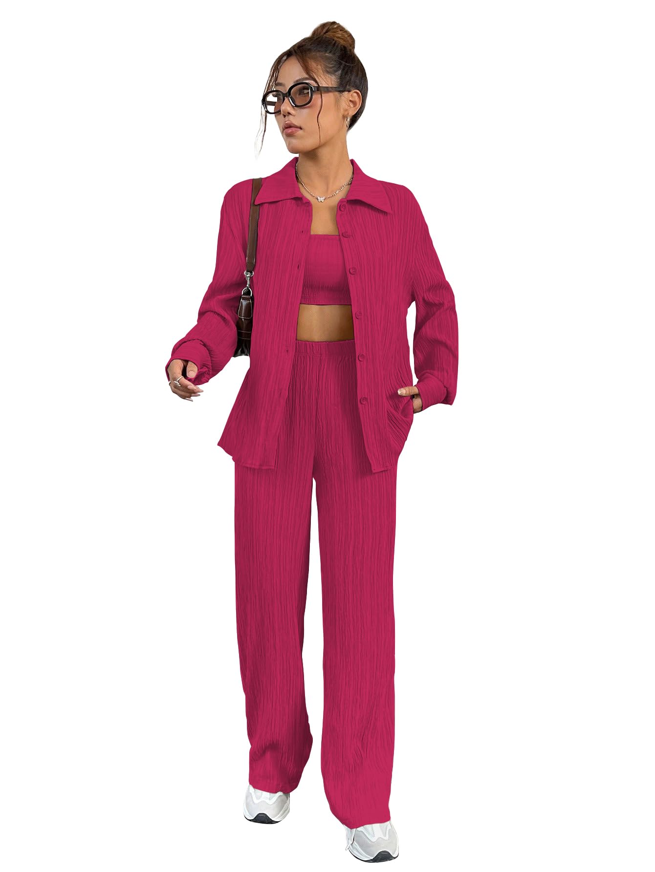 Women’s 3-Piece Co-ord Set – Solid Button Front Shirt, Strapless Tube Top & Wide Leg Pants | Casual Loose Fit Western Outfit for Daily Spring/Fall Wear (Co-Ord-208)