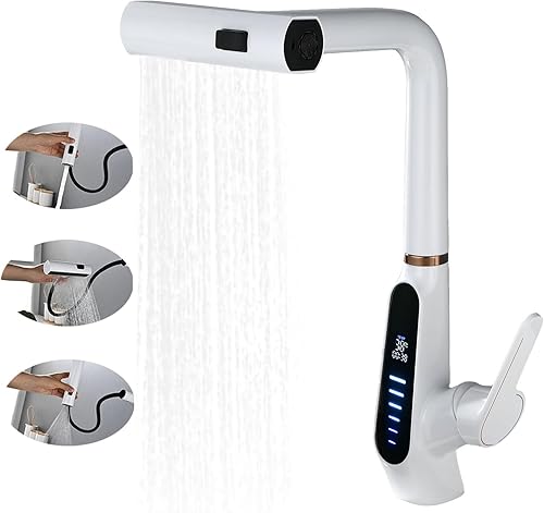 Grifo de cocina en cascada con rociador extraíble, grifo de fregadero de cocina LED con pantalla de temperatura, grifo de cocina extraíble moderno,