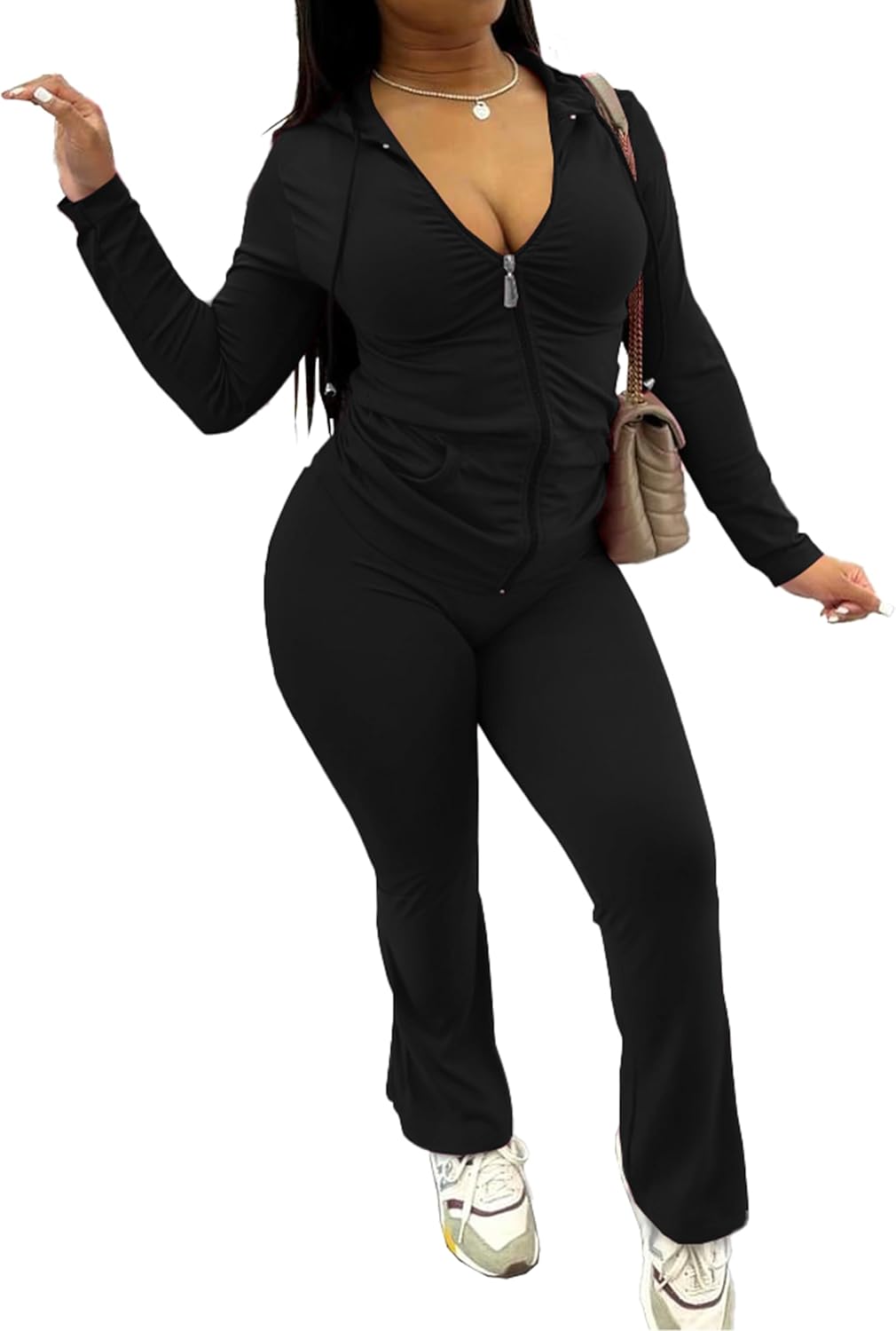 PINSV Women 2 Piece Outfits Workout Bodycon Tracksuit Long Sleeve Zip Up Hoodie Jacket Matching Flared Pants Sets - Image 4