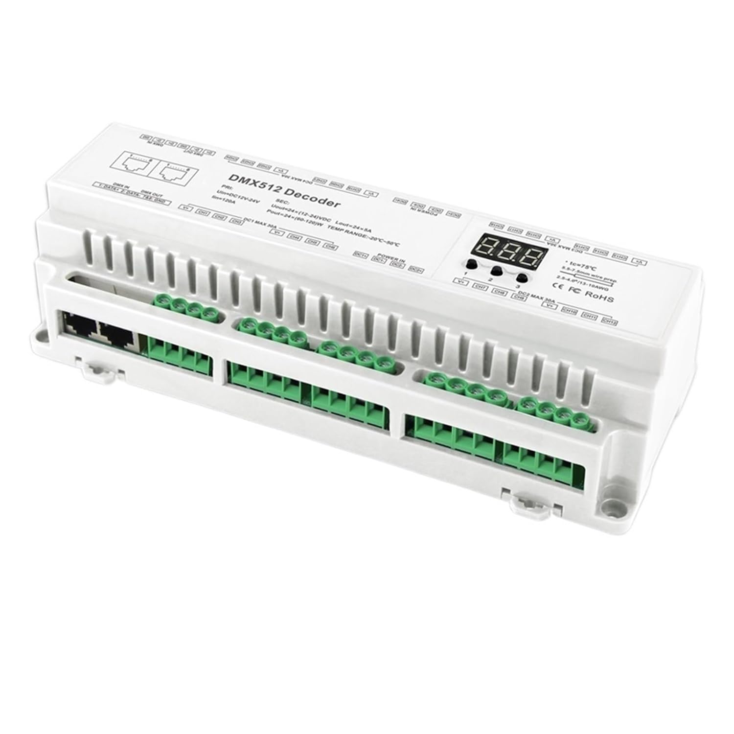 DIN Rail 24CH 32CH 40CH DMX512 Constant Voltage PWM decoder 3 Digital Display Large Project Controller(BC-624 24CH)