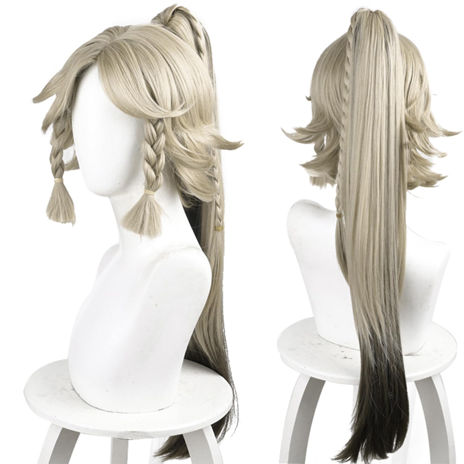 Blonde Mixed Brown Long Straight with Braid Ponytail Heat Resistant Synthetic Costume Hairs for Women Halloween Cos Anime Replacement Wigs
