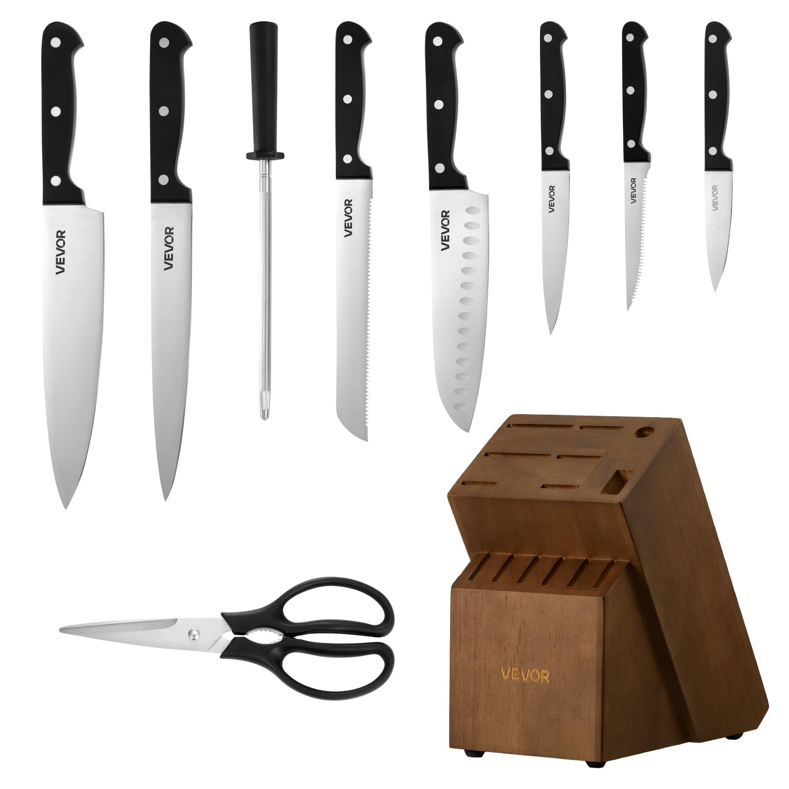 VEVOR Set di Coltelli da Cucina con Ceppo Portacoltelli Legno di Gomma e Acciaino da 15 Pezzi in Acciaio Inossidabile ad Alto Tenore di Carbonio, Coltello da Cucina con Impugnatura Ergonomica in ABS