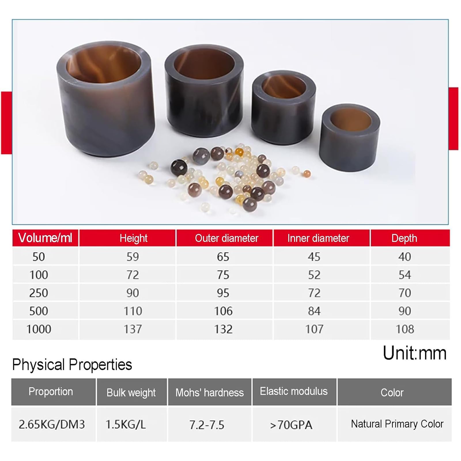 Mahlbecher aus natürlichem Achat, Planetenkugelmühlen-Set, mit Kugeln, Dichtungsring, Mohshärte 7,2–7,5, frei von Verunreinigungen, für Labor- und Industrieanwendungen (250ML)