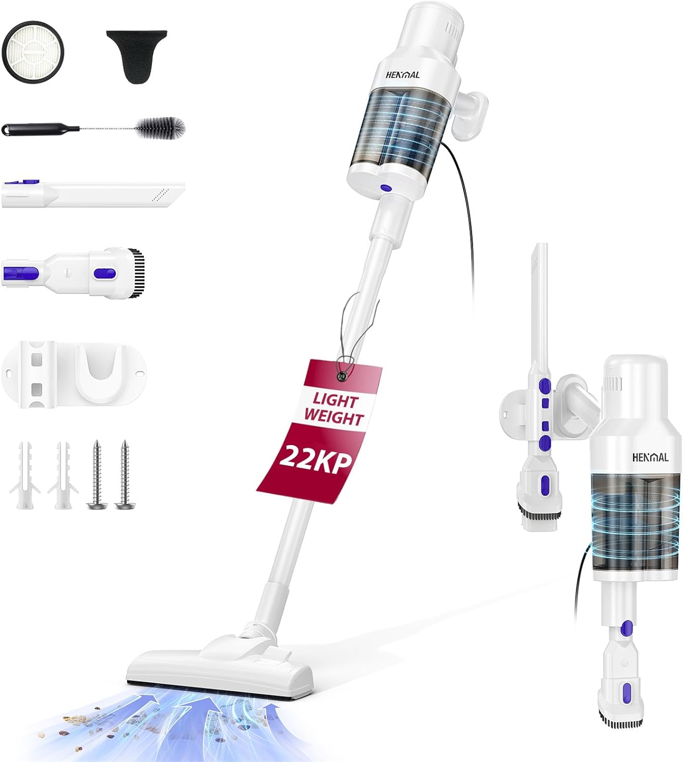 Corded Electric Vacuum Cleaner H01,600W 22KPA Full-Size Stick Cleaner with 800ML Dual-Layer Cyclone Dust Cup,HEPAFiltration,Lightweight&Low Noise for HardFloor,Pet,Carpets