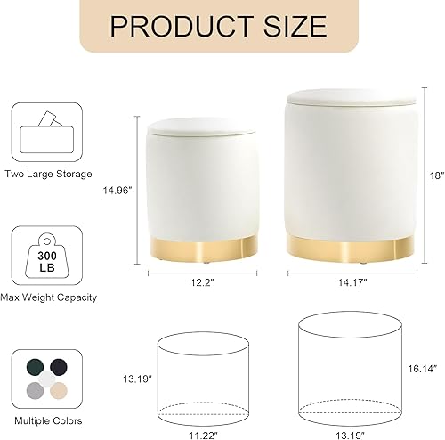 Miniatura 2 de Otomana redonda con almacenamiento juego de 2, otomanas tapizadas de terciopelo, taburete de tocador, otomanas multifuncionales, mesa de café,