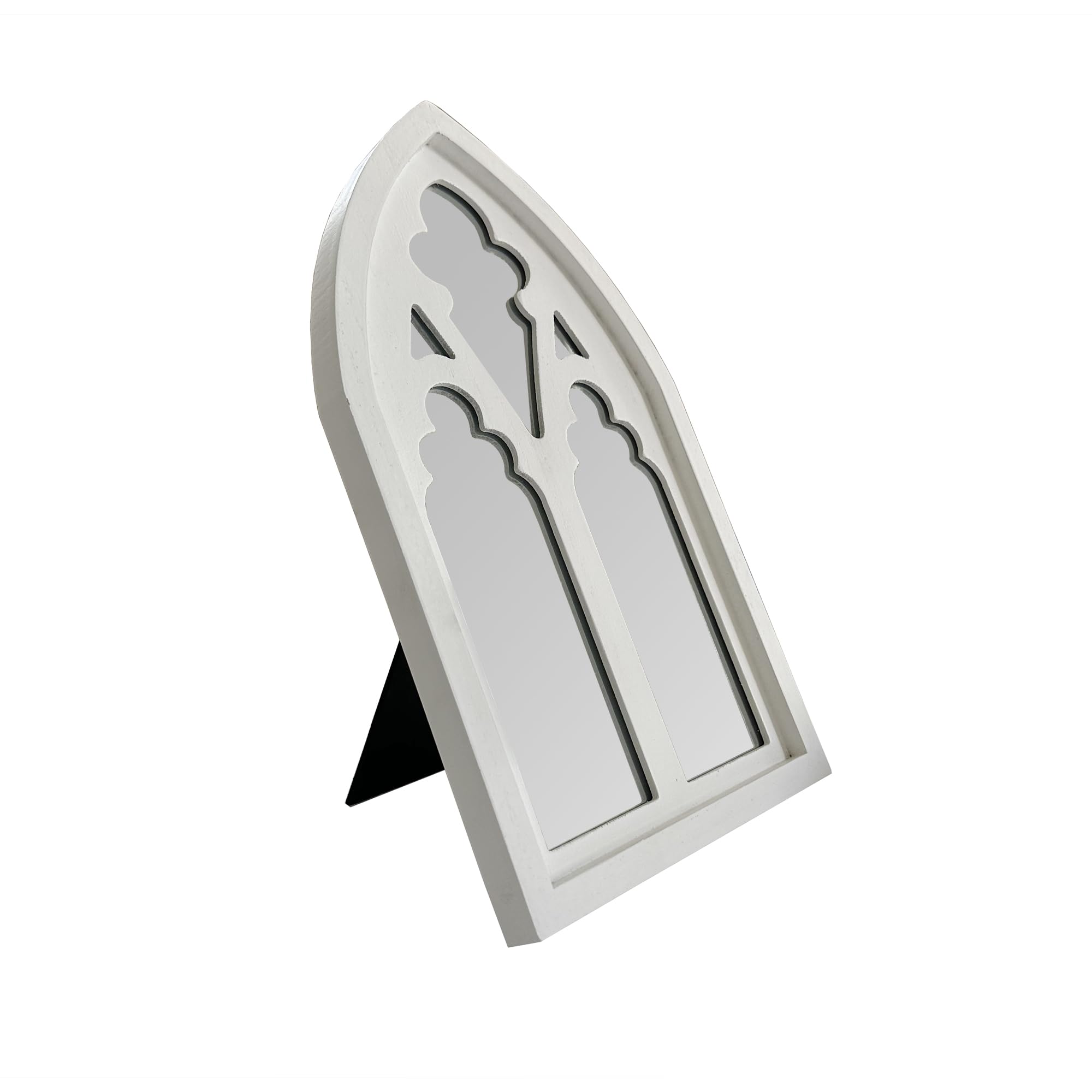 Wooden Gothic Arched Pane Countertop Makeup Mirror - Portable Tabletop Mirror, Dual Use for Shaving and Makeup in Bathrooms, Wall Hanging or Countertop (White, Tall)