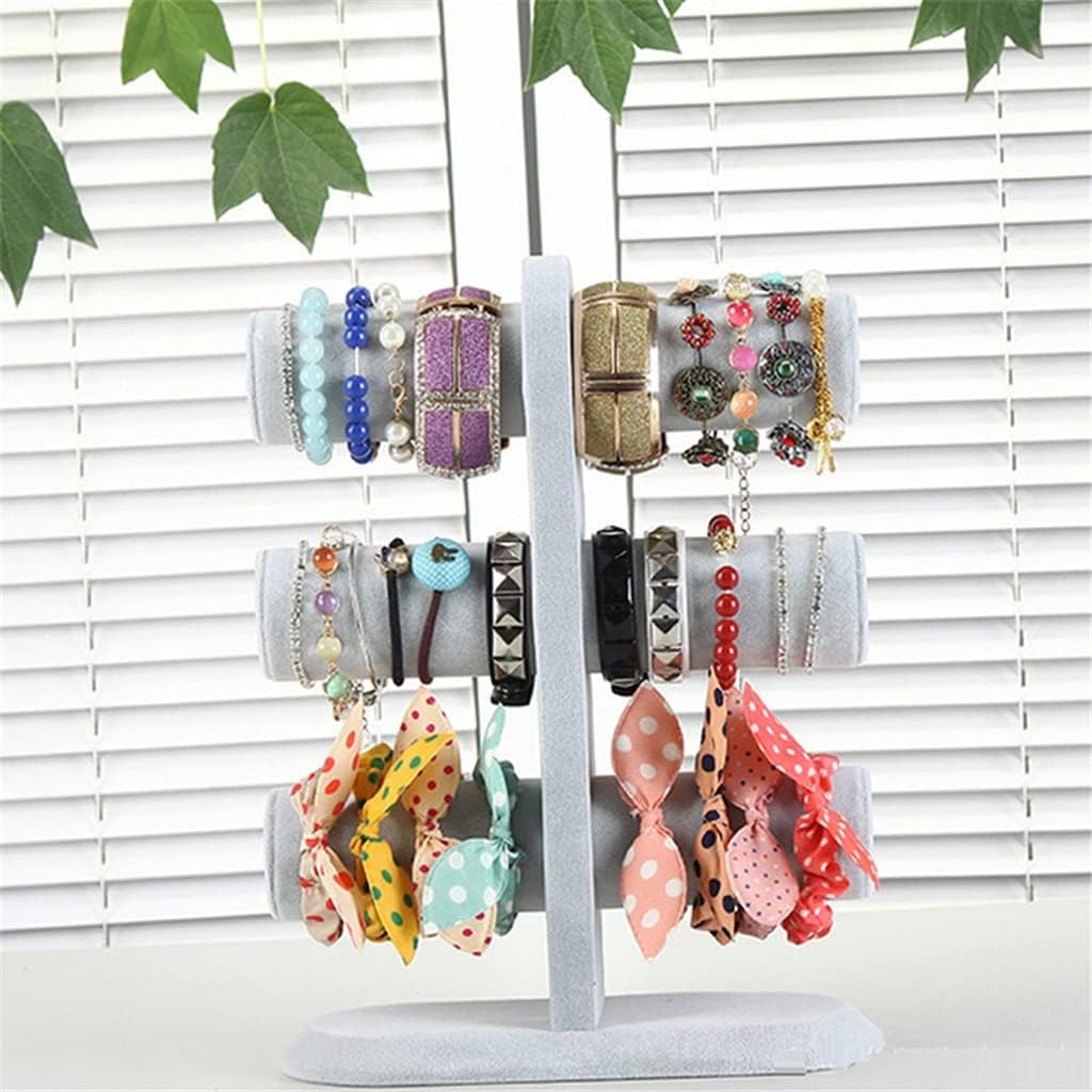 3 Tier Jewelry Display Stand Velvet Bangle Watch Bracelet Jewelery Display Stand Box Case(Beige)