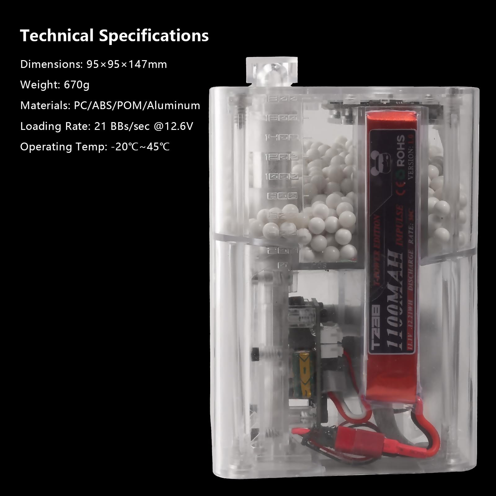 Cargador eléctrico Airsoft Speedloader PRO: cargador automático de revistas, 21 BBS/s, OLED, capacidad 1800rd, 4 adaptadores, protección contra bloqueo, incluye batería de 11,1 V y 1100 mAh