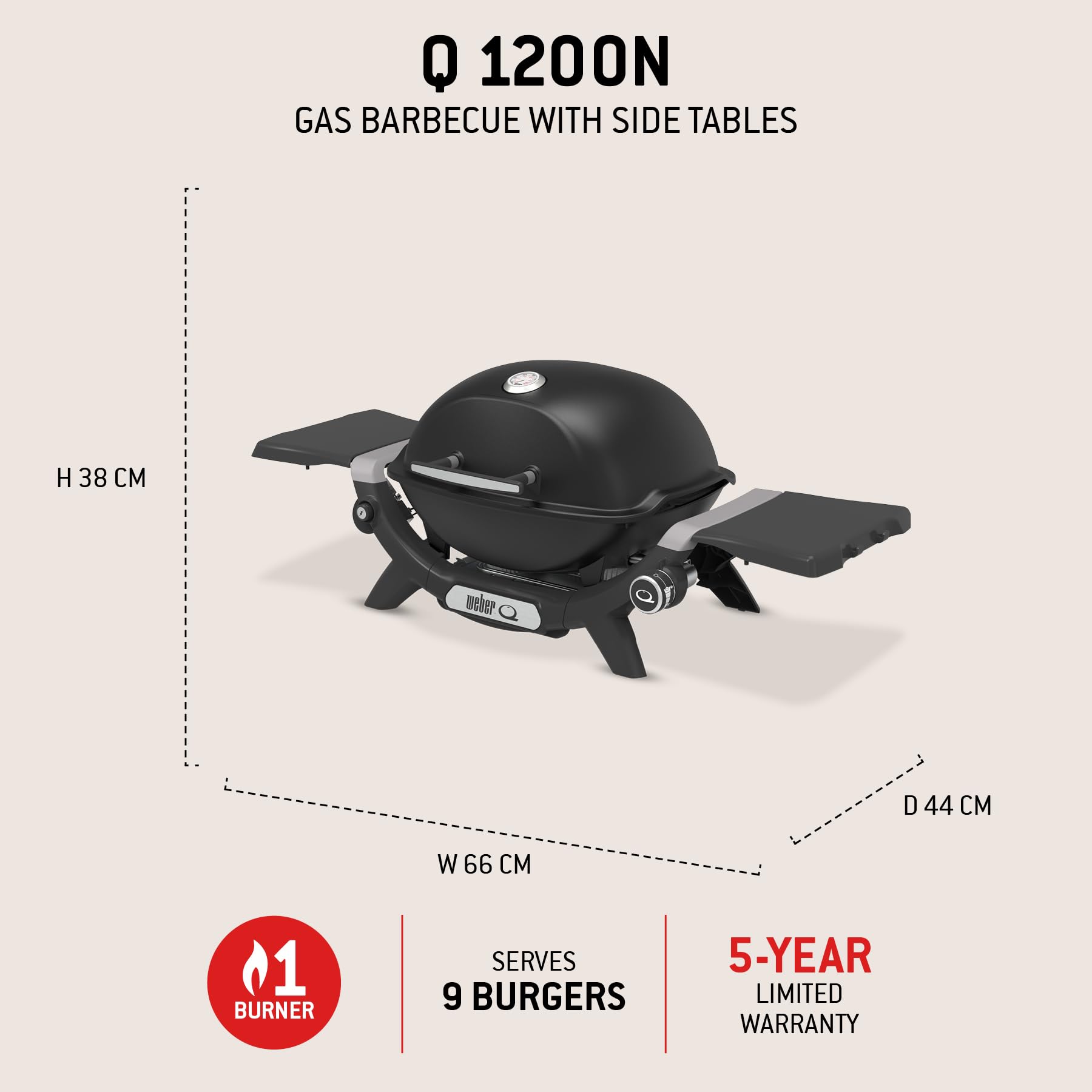 Weber Q 1200N Barbecue à gaz avec tablettes latérales/Grill léger pour Camping, terrasses et balcons, avec brûleur Haute Performance, grilles en Fonte émaillée et allumage électronique, Noir Minuit