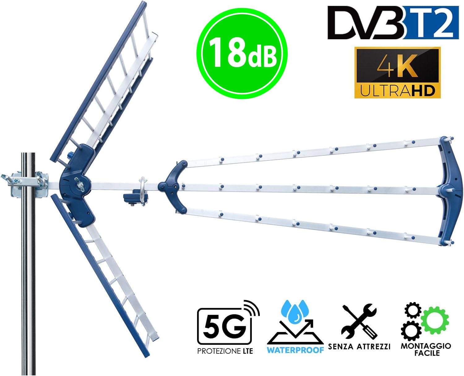 ANFEL 18db Antenna TV tripla Digitale Terrestre 4K ULTRA HD UHF 21-48 esterno, con filtro 5G LTE, per Ricezione il segnale Digitale Terrestre DVB-T/T2, Frequenze 470-694Mhz (ANFEL 18 dB)