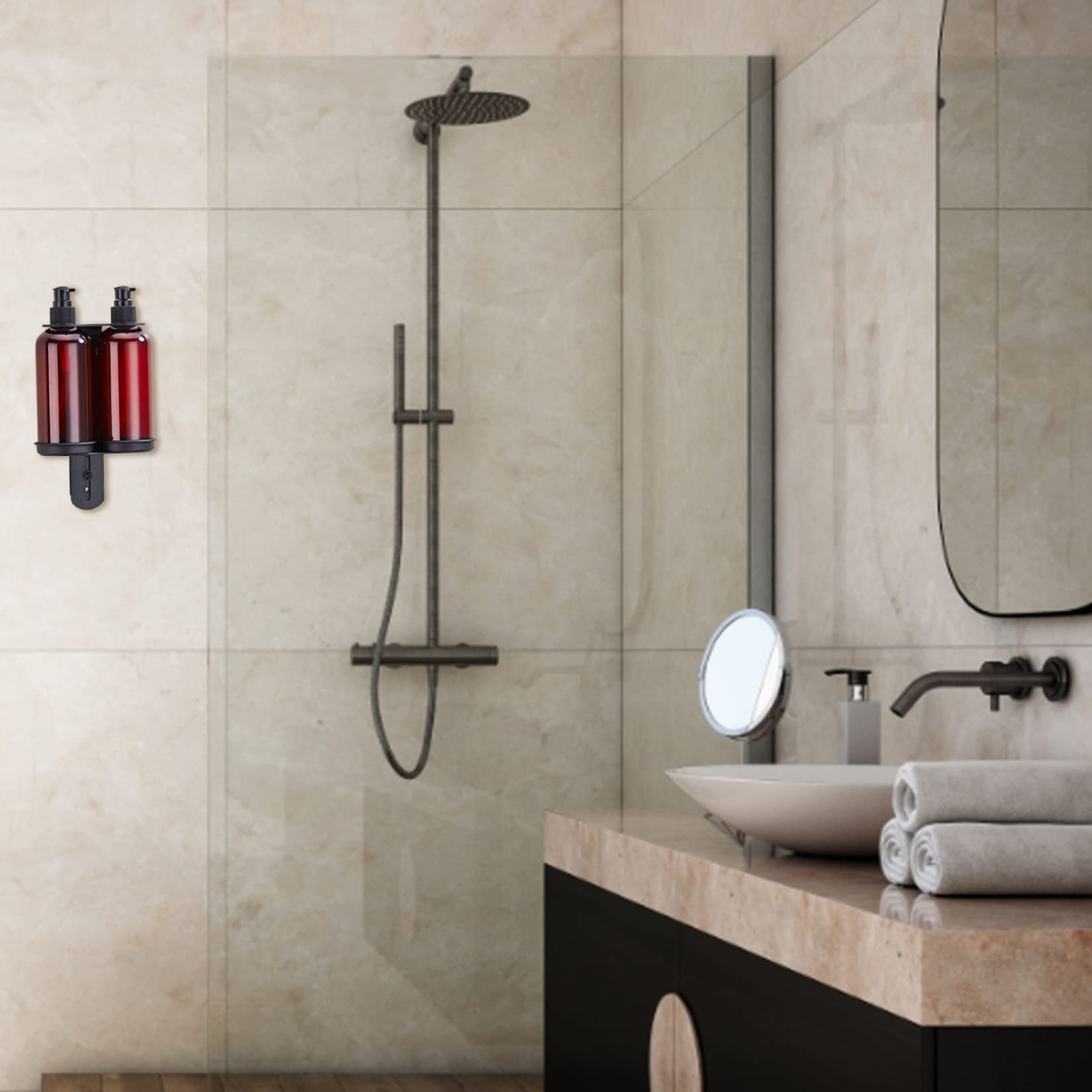Soporte de Botella de Ducha Soporte de Botella de jabón montado en Pared para el Doble de 300 ml Dispensador Shampoo Ratch de Acero Inoxidable para Cocina del baño con Tornillos Negro