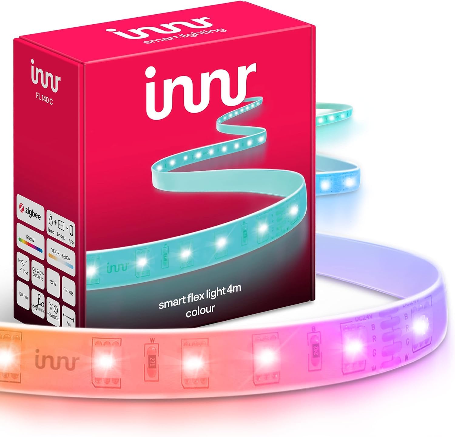 innr innr Flex, 4m Color Striscia LED, funziona con Philips Hue*, Alexa & Google (Hub Richiesto) Dimmerabile, 400cm RGBW lightstrip, 4 metri, FL 140 C