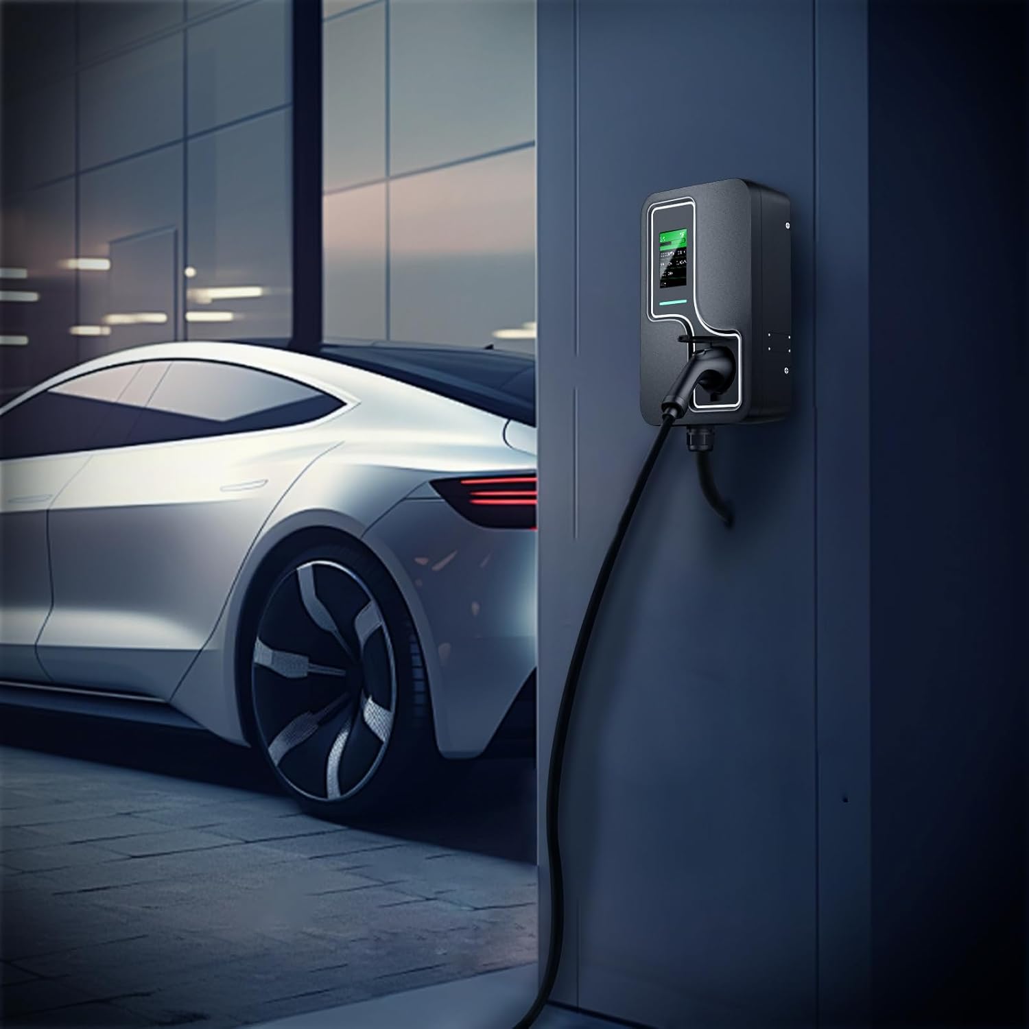 ShockFlo CS09-S charging station installed on a wall next to a white electric vehicle