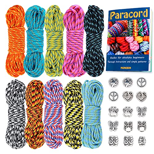MONOBIN Micro Paracord Kit with Instructions 10 Colors 20FT 2MM Paracord Combo Kit with Beads for Making Bracelets Lanyards