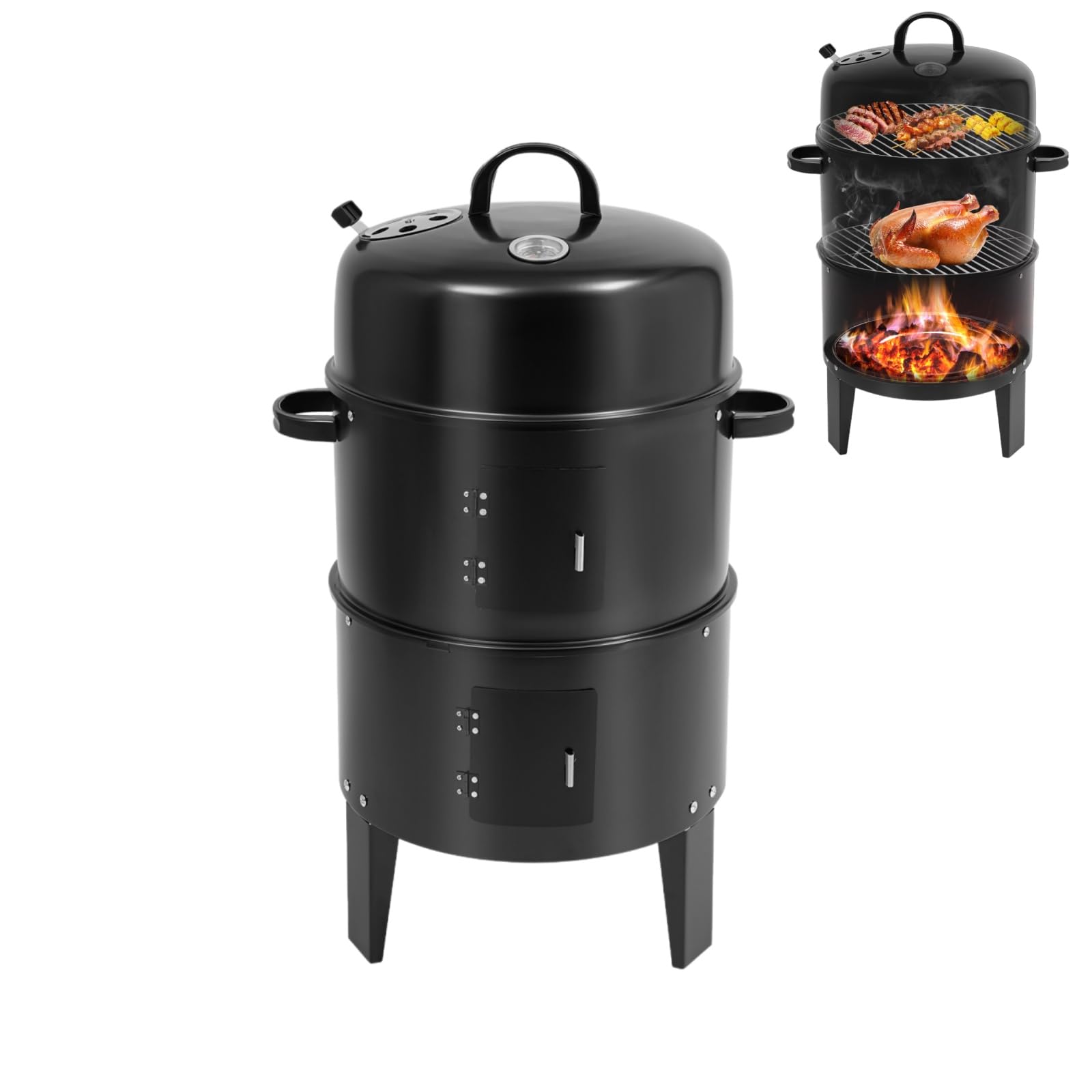 Barbacoa 3 en 1 para ahumar de carbón vegetal con amortiguador ajustable y termómetro, para barbacoa, pescado ahumado