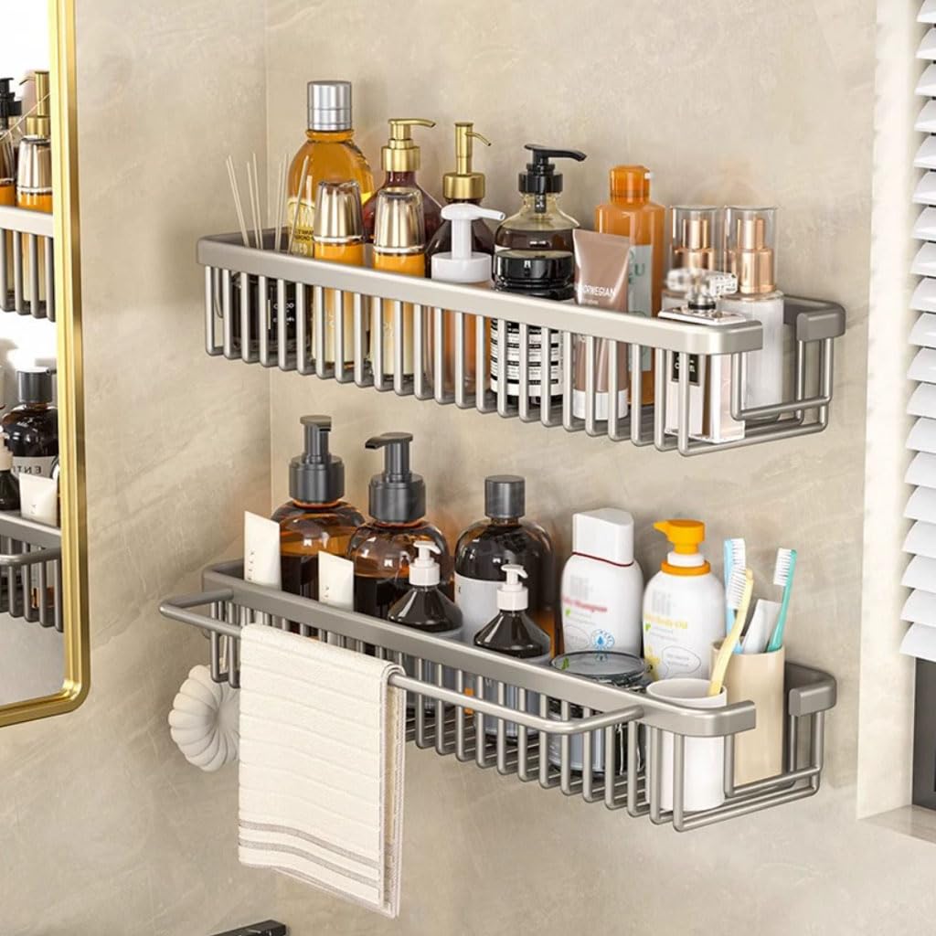 Duschablage Ohne Bohren, Wandkorb Wandregal Bohrfreie, Multifunktionale Badezimmer Organizer mit Haken, Platzsparende Ablage Bad für Badezimmer,B45cm
