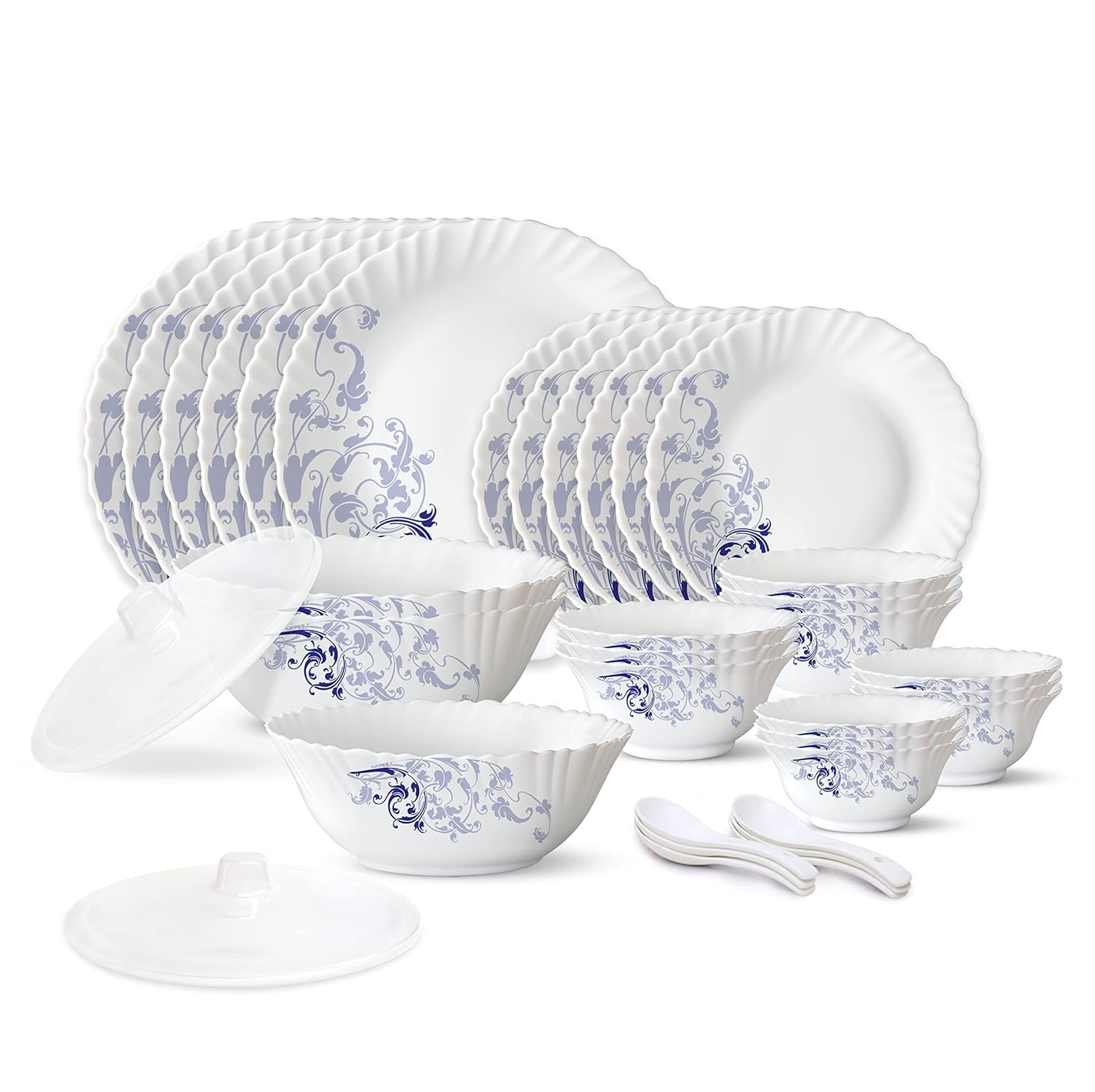 KRISHANA EXPORT STOREBlue Eve Silk Series Opalware Dinner Set | 35-Piece | Family of 6 | Microwave & Dishwasher Safe | Bone-Ash Free | Crockery Set for Dining & Gifting | White, Dinner_Set_35_Pieces