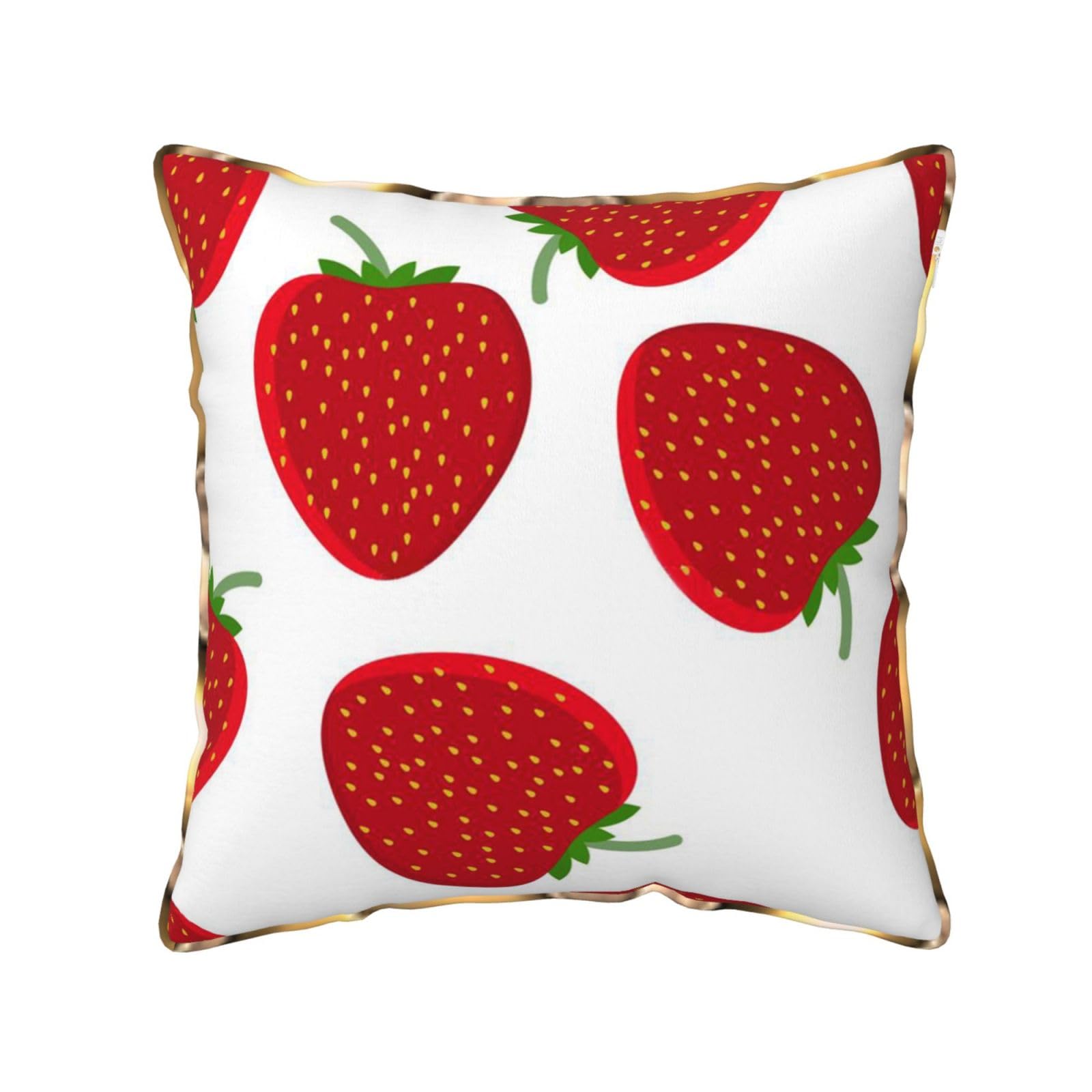 AUBKFELD Strawberry Printed Velvet Cushion Cover 50x50 CM with Gold Edging Strip, Square Pillowcase Soft Throw Pillow Covers Case Decorative for Living Room Sofa Couch Bed Bench
