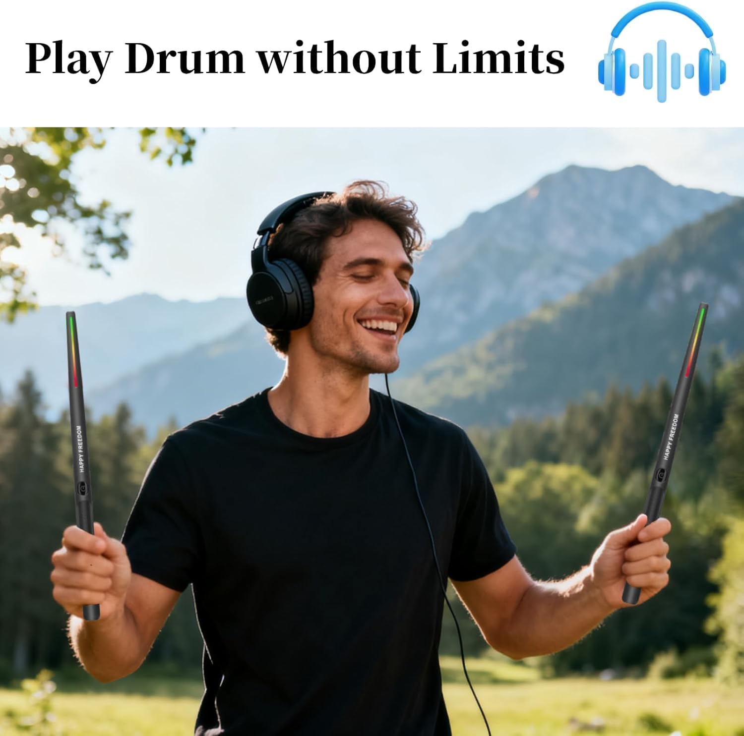 Air Drum Sticks Set, Electronic Drum Set, 3D Motion Sensing Drumstick with Clip-On Foot Pedals, 8 Sound Portable Practice Drum Kit Electric Drum Set (Gloss Black)