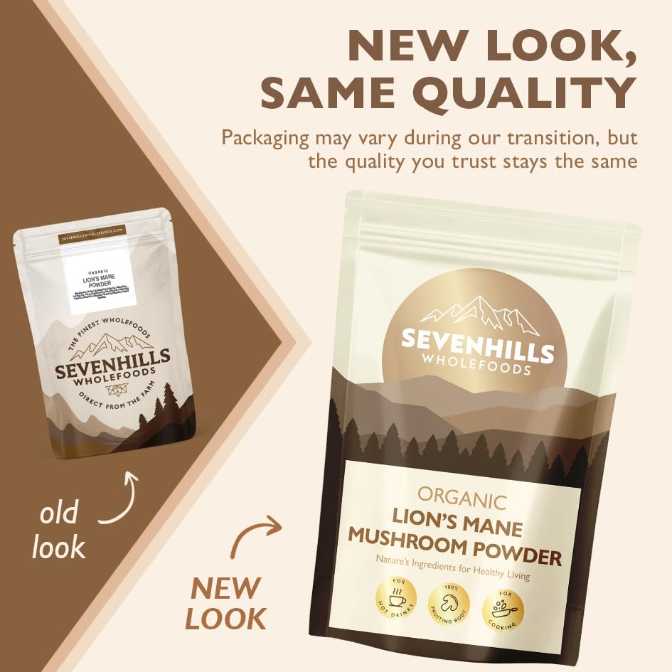 Sevenhills Wholefoods Organic Lion's Mane Mushroom Powder 100g, 100% Fruiting Body, for Tea Infusion, Coffee, hot Chocolate, Soup, Vegan, Pure & Natural