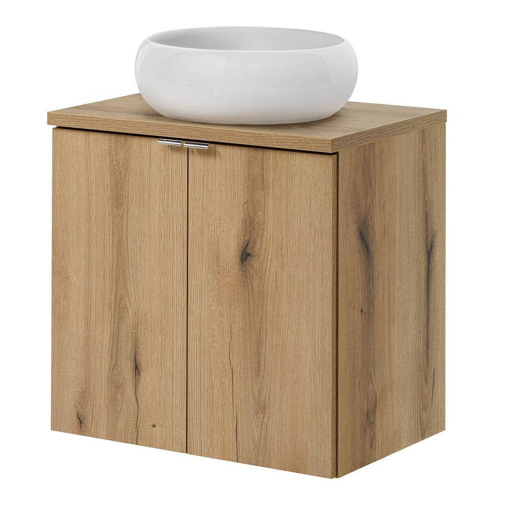 [en.casa] Mueble de Baño con Lavabo Redondo Newport Instalación Mural Armario Baño con 2 Puertas y Encimera 1 Lavabo de Cerámica MDF 60x72x40cm - Roble